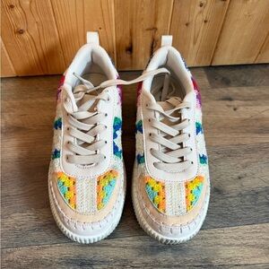 Lucky Step White Sneakers with Rainbow Crochet Accent